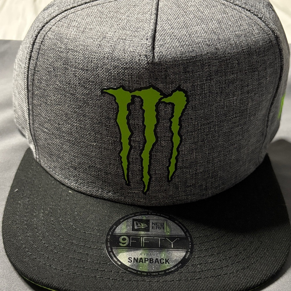 Monster New Era Gray and Black Snapback Hat with Green Logo